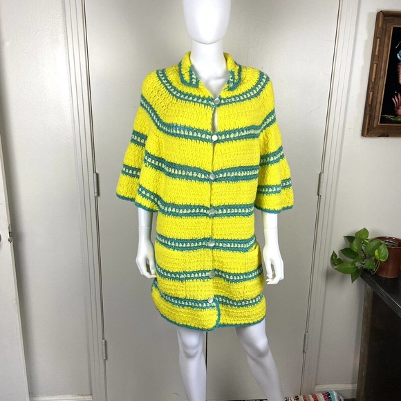 Vintage 70s Handmade Knit Yellow Striped Crochet Sweater Cape Cardigan Sweater - Picture 6 of 10